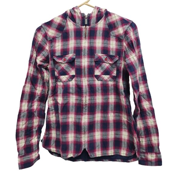 Horny Toad Toad & Co Womens Flannel Hoodie Small Navy Red Plaid Gorpcore Outdoor - Picture 1 of 9